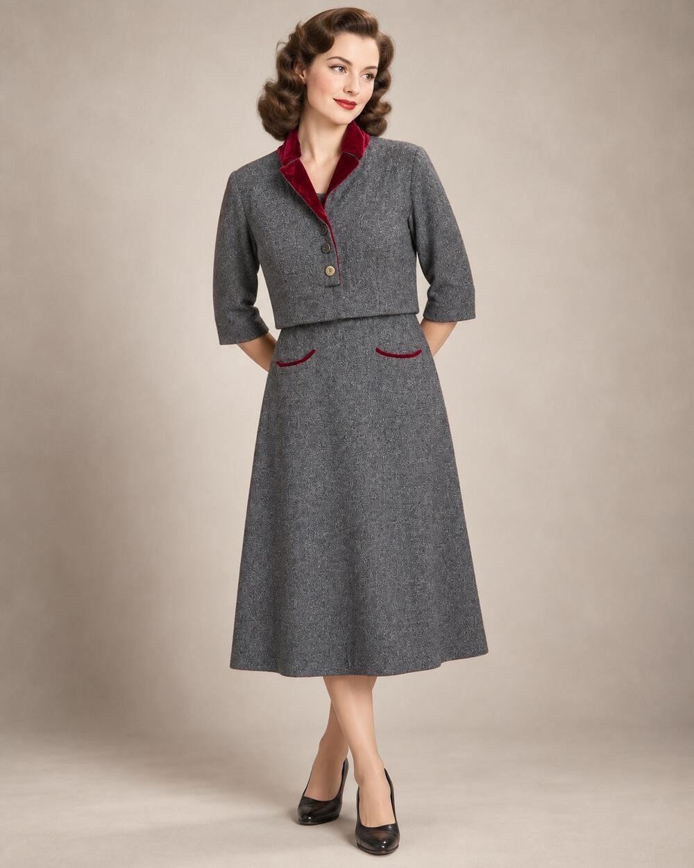 Vintage 1940s Harvey Berin Karen Stark Gray Wool Dress Jacket Set Red Velvet XS